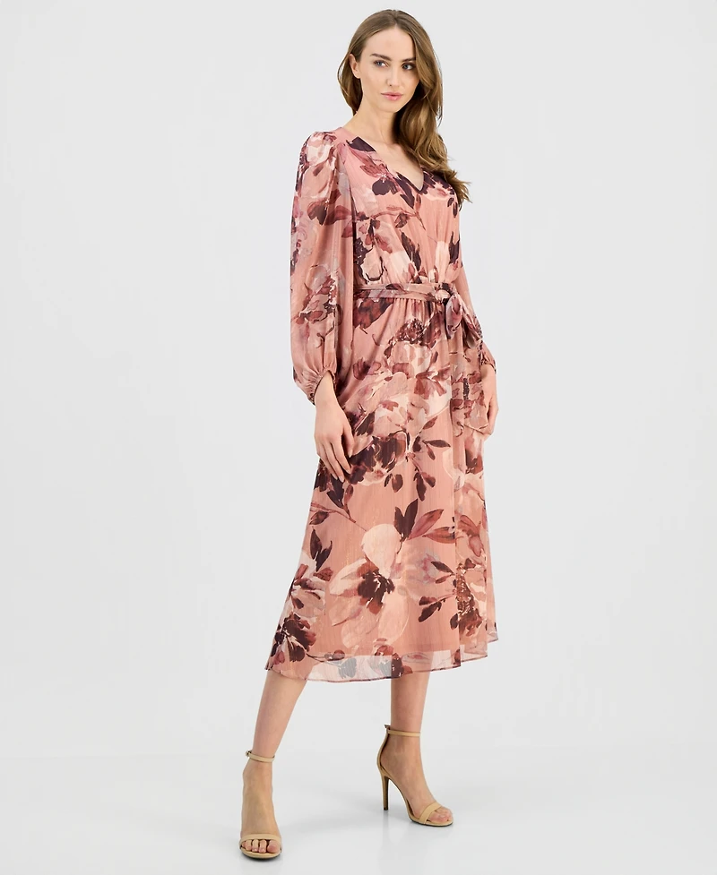 Anne Klein Women's Floral V-Neck Belted Midi Dress