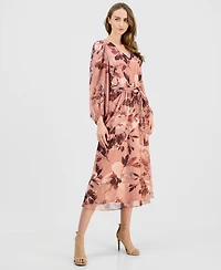 Anne Klein Women's Floral V-Neck Belted Midi Dress