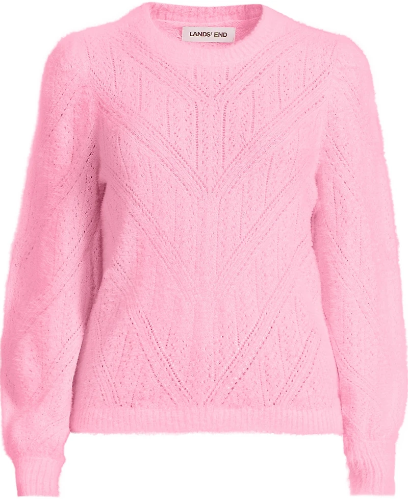 Lands' End Women's Eyelash Fuzzy Pointelle Puff Sleeve Sweater