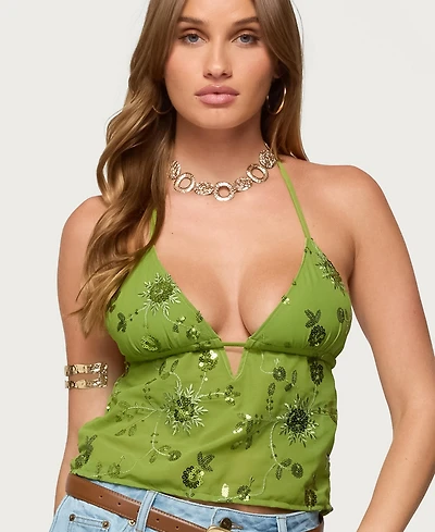 Edikted Women's Kiki Sequin Floral Chiffon Halter Top