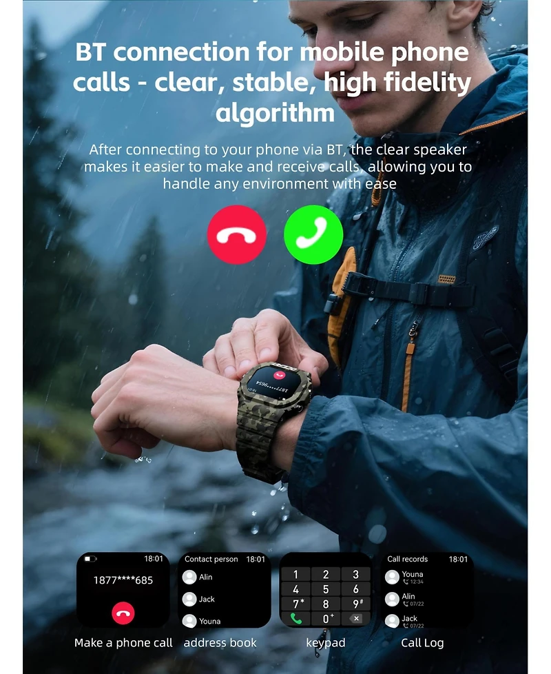 Ruxing smart Outdoor sports wristband 1.75-inch full touch screen Bluetooth call flashlight Sos compass -Red