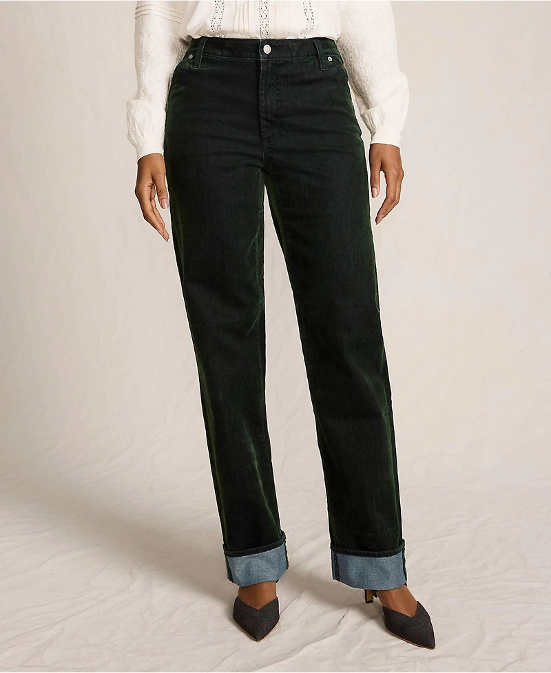 Lands' End Women's Flocked Denim Mid Rise Relaxed Straight Leg Cuff Jeans