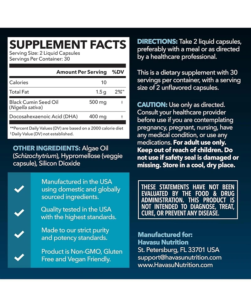 Havasu Nutrition Black Seed Oil + Dha Liquid Capsules, 60ct
