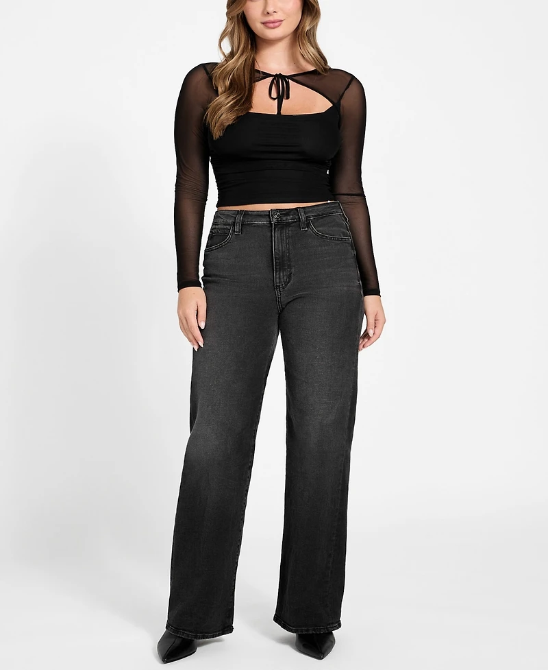Guess Women's Lauryn Long Sleeve Tie Detail Mesh Top