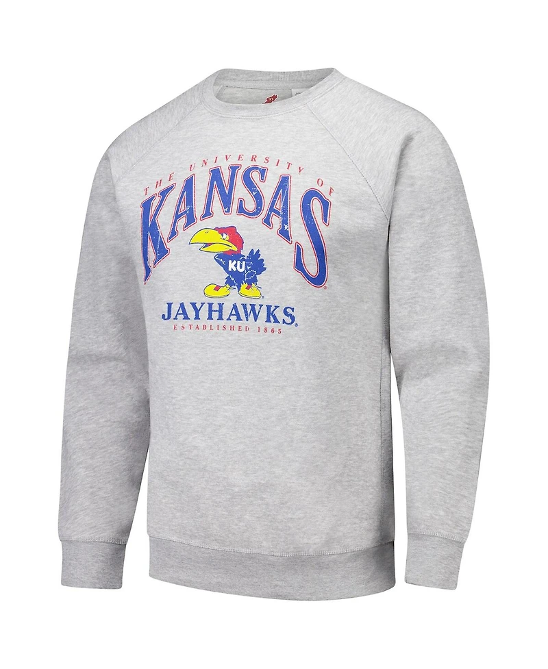 League Collegiate Wear Men's Heather Gray Kansas Jayhawks Tall Arch Essential 2.0 Pullover Sweatshirt