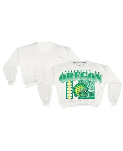 Pressbox Women's White Oregon Ducks Oversized Janice Retro Waist-Length Sweatshirt