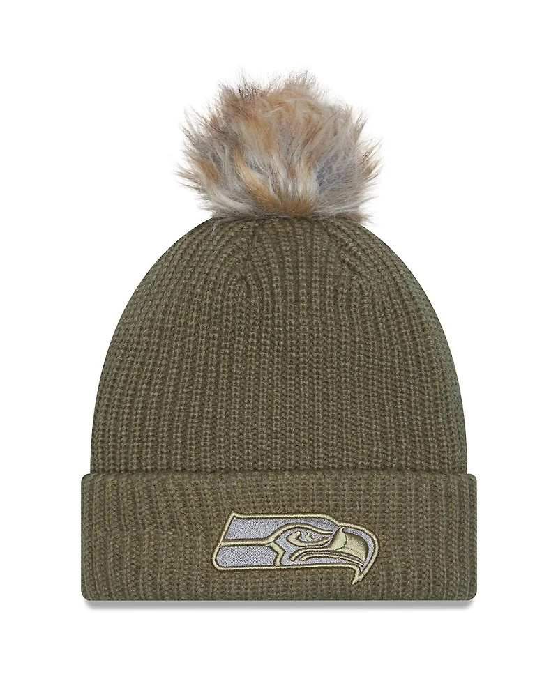 New Era Women's Dark Green Seattle Seahawks 2025 Salute to Service Cuffed Pom with Knit Hat