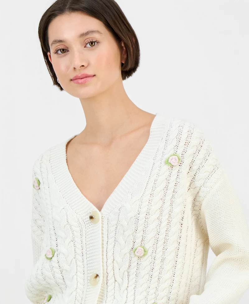 Ultra Flirt Juniors' Novelty Flower Three-Button Cardigan Sweater