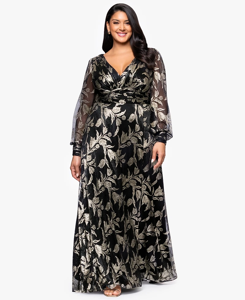 Betsy & Adam Plus Long Crinkle Sleeve A-Line Dress