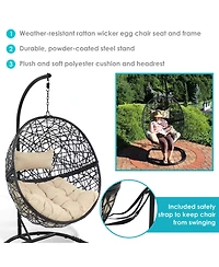 Outdoor Resin Wicker Jackson Hanging Basket Egg Chair Swing with Cushions, Headrest, and Steel Stand Set - 3pc