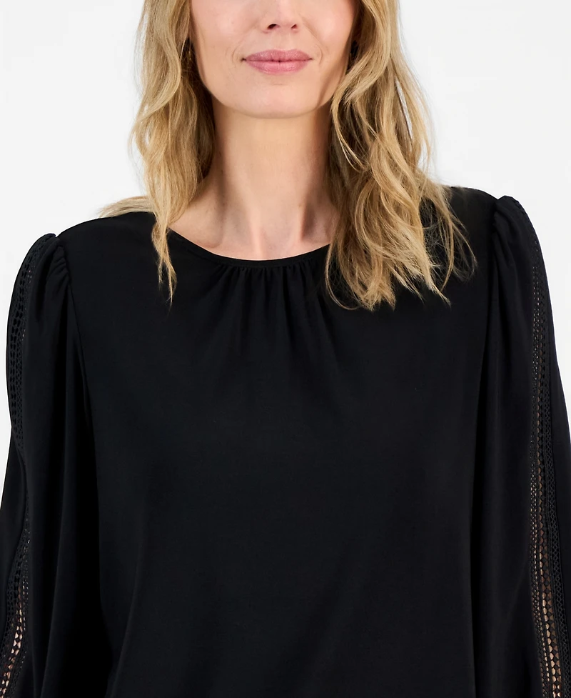 Kasper Women's Crewneck 3/4-Lace-Trim-Sleeve Blouse, Regular & Petite