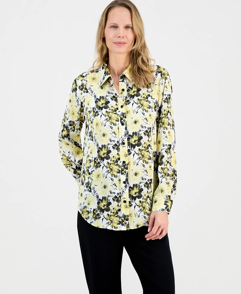 Kasper Women's Floral-Print Satin Button-Front Blouse