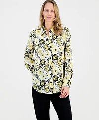 Kasper Women's Floral-Print Satin Button-Front Blouse