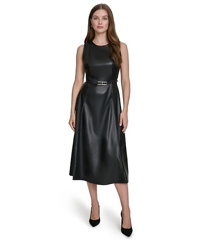 Halston Women's Faux-Leather Belted Sleeveless Midi Dress