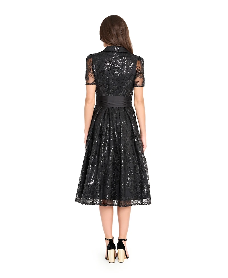 Tahari Asl Women's Collared V-Neck Sequin Dress