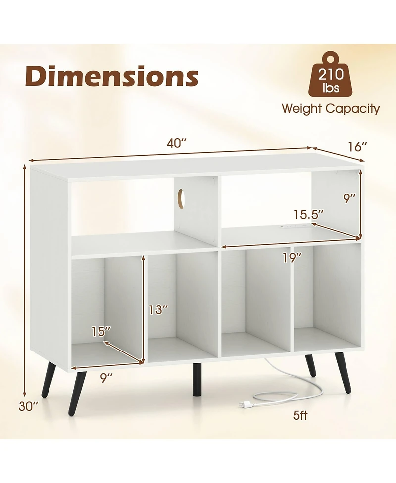Costway Large Record Player Stand Cabinet with Built-in Power Outlet Open Shelves