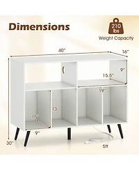 Costway Large Record Player Stand Cabinet with Built-in Power Outlet Open Shelves