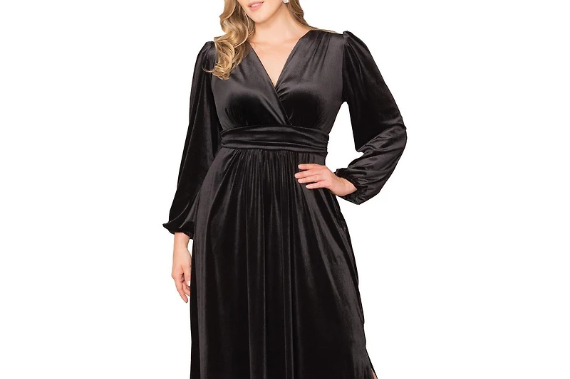 Kiyonna Plus Vivienne Long Sleeve Velvet Evening Gown with Pockets