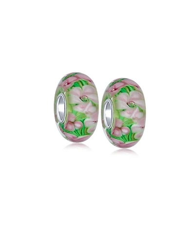 Bling Jewelry Set of 2 Floral Design Murano Glass Spacer Charm Bead Sterling Silver