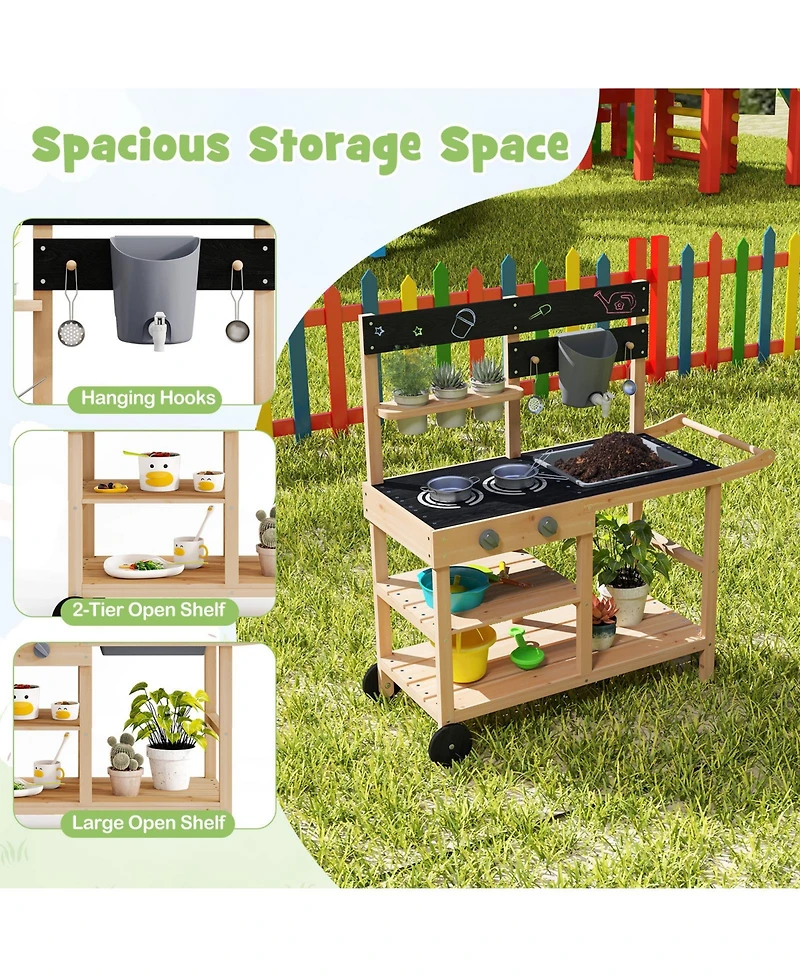 Gymax Mud Kitchen w/ Wheels Outdoor Fir Wood Play Kitchen w/ Blackboard,Planting Pots