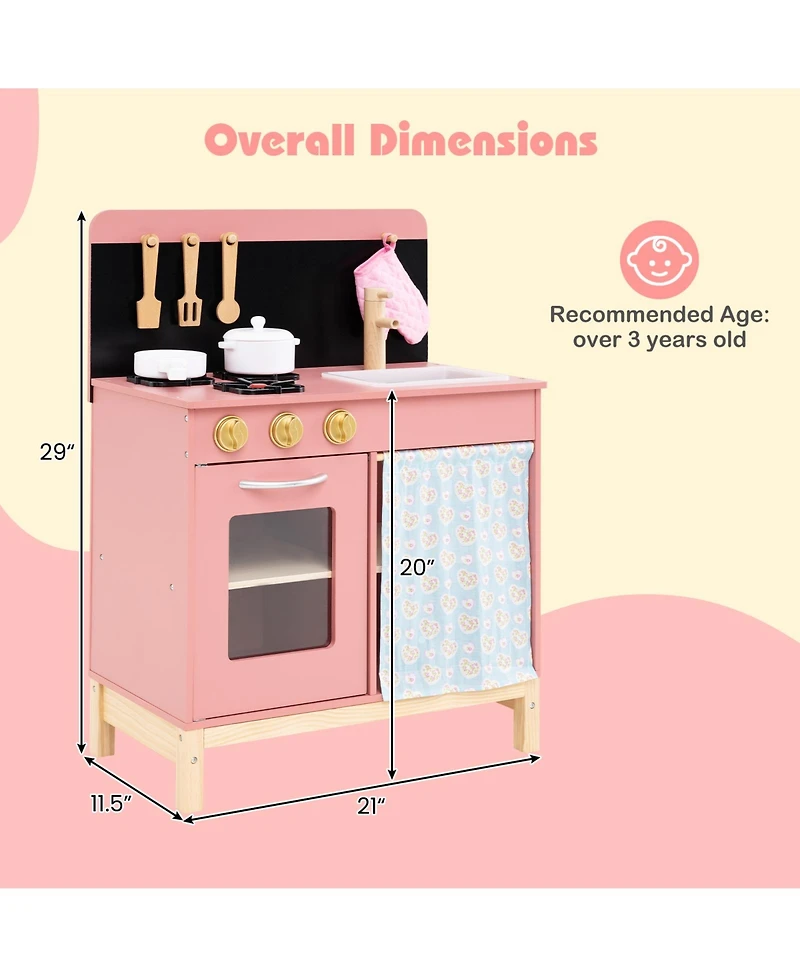 Gymax Play Kitchen for Kids w/ Door Curtain Stoves Sink & Oven Cookware Accessories