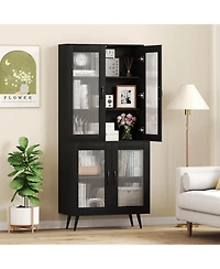 Kitchen Pantry Cabinet with Translucent Fluted Doors & Adjustable Shelf