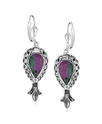 American West Jewelry Sterling Silver Ruby Zoisite Pear-Cut Squash Blossom Lever Back Dangle Earrings