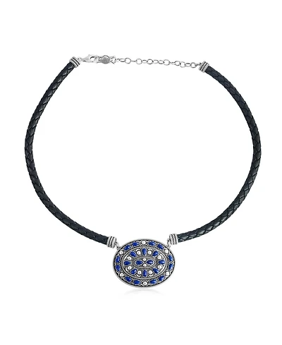 American West Jewelry Sterling Silver Lapis Oval Pendant Black Leather Necklace, 17 to 20 Inches
