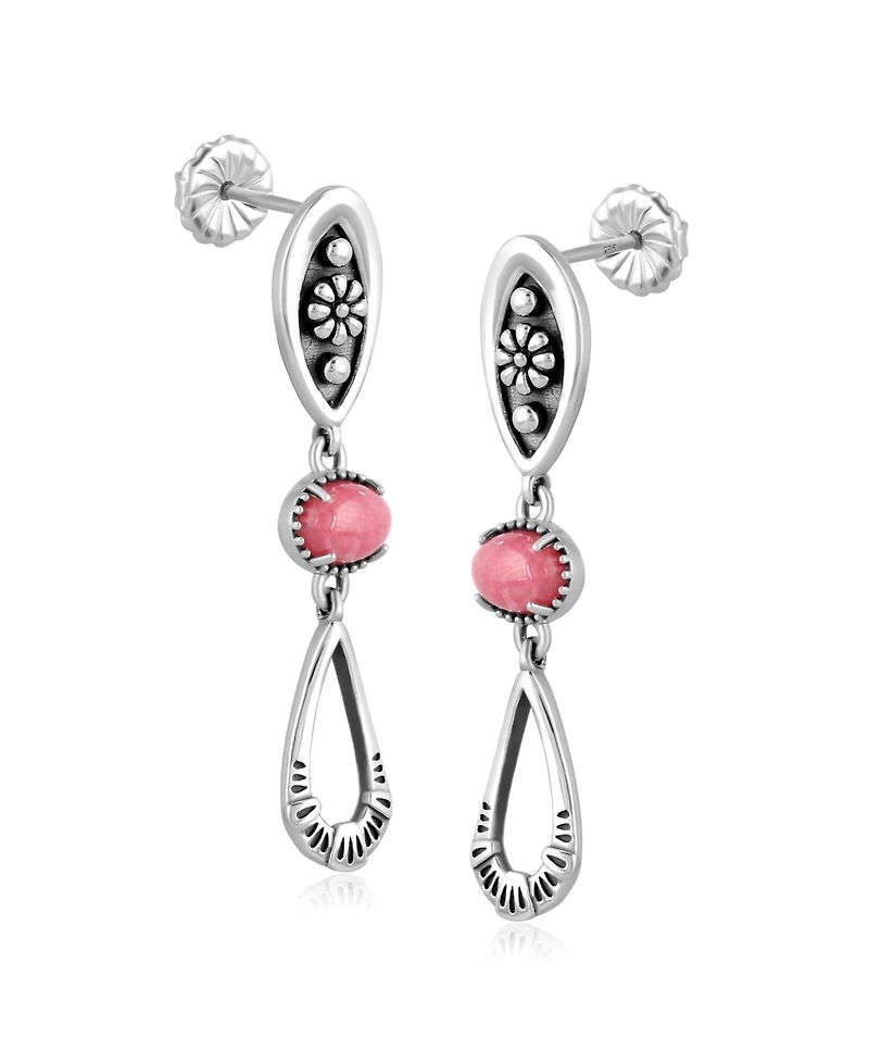 American West Jewelry Sterling Silver Rhodonite Teardrop Double Loop Gemstone Earrings