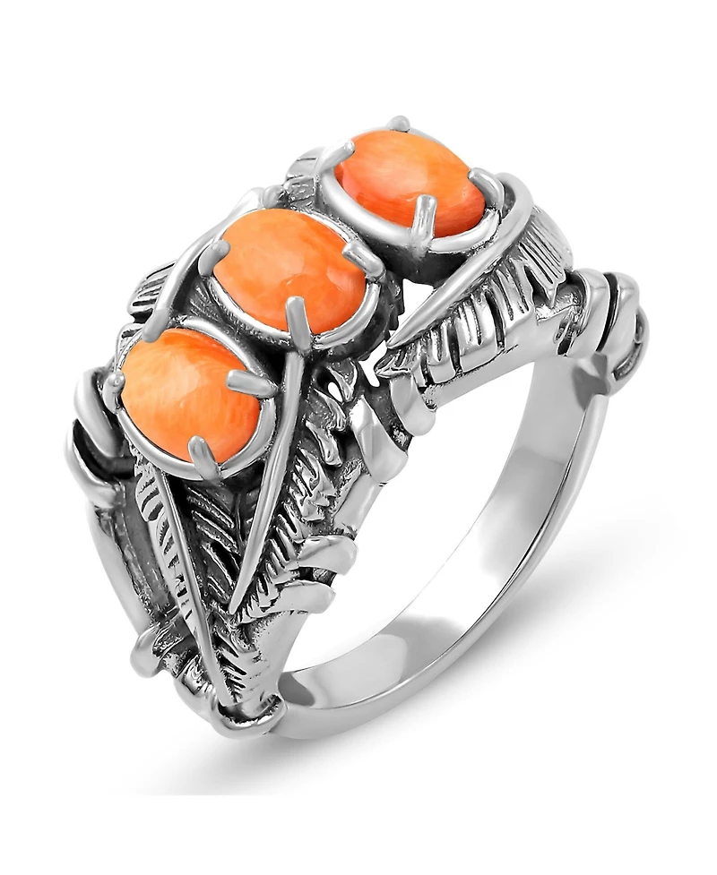 American West Jewelry Sterling Silver Orange Spiny Oyster Three Stone Feather Ring,