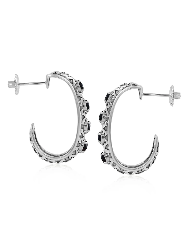 American West Jewelry Sterling Silver Black Onyx Patterned J-Hoop 1 Inch Earrings
