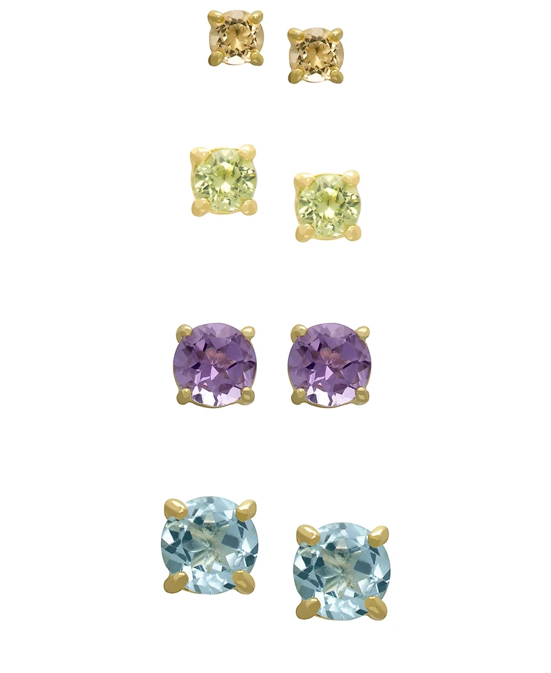 Macy's 4-Pair Amethyst, Blue Topaz, Citrine and Peridot (5-7/8 ct. t.w.) Stud Earrings in 14K Gold Over Sterling Silver