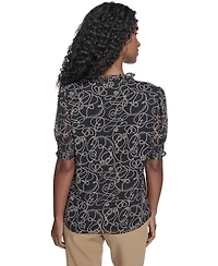 Tommy Hilfiger Women's Rope Print Ruffle Mock Neck Blouse