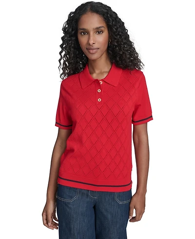 Tommy Hilfiger Women's Short Sleeve Pointelle Polo Sweater