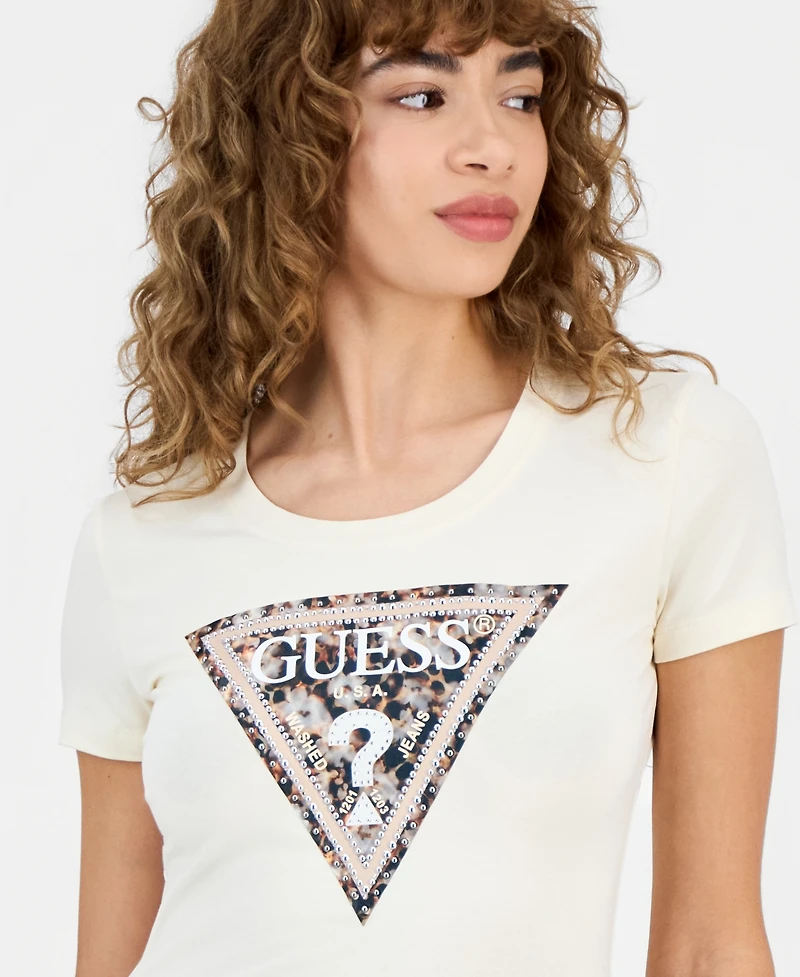 Guess Women's Short-Sleeve Leopard Triangle Logo T-Shirt