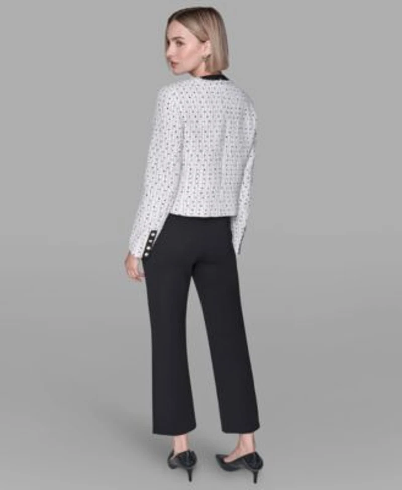 Karl Lagerfeld Paris Womens Long Sleeve Contrast Tweed Jacket Sleeveless Printed Top Ankle Straight Pants