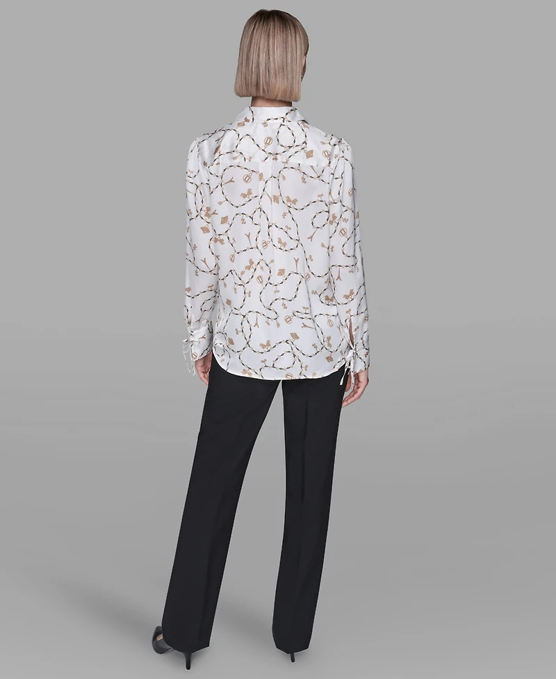 Karl Lagerfeld Paris Women's Collared Printed Long-Sleeve Top