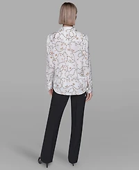 Karl Lagerfeld Paris Women's Collared Printed Long-Sleeve Top
