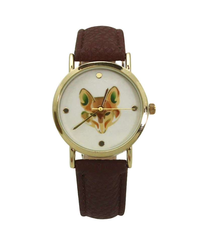Olivia Pratt Brown Fox Face Leather Strap Watch