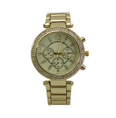Gold Rhinestone Bezel Decorative Chronograph Watch