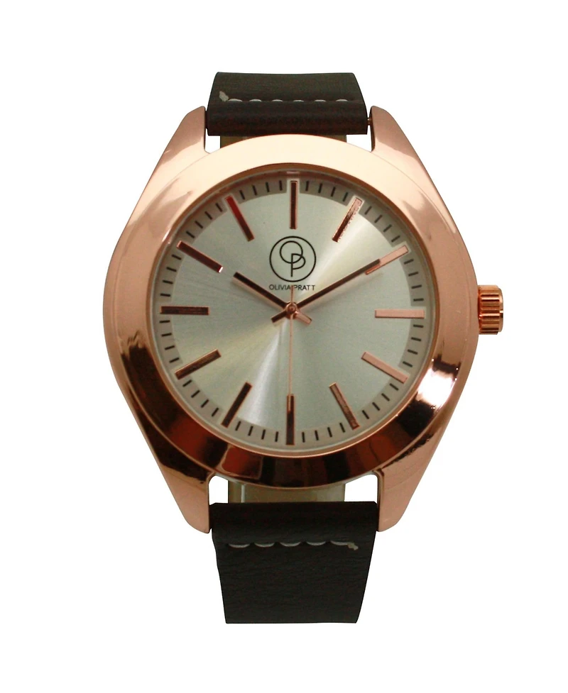 Olivia Pratt Dark Brown Rose Gold Minimalist Faux Leather Band Men Watch