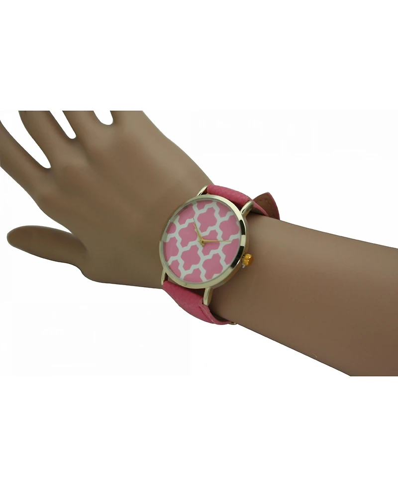 Olivia Pratt Pink Geometric Pattern Leather Strap Watch