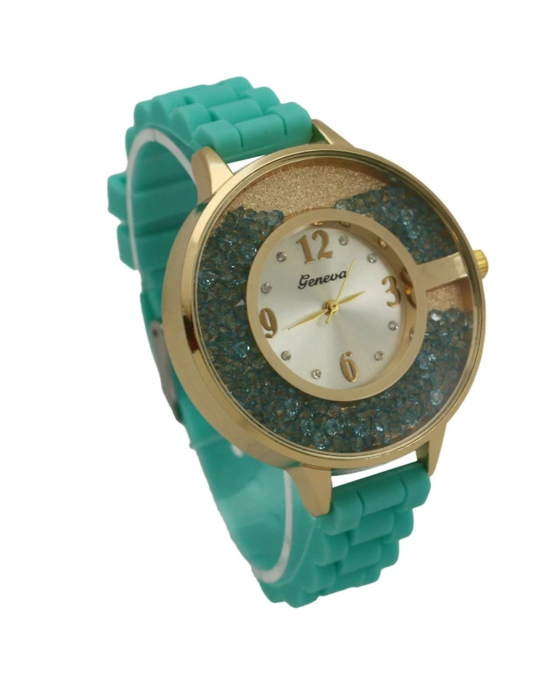 Olivia Pratt Mint Floating Colorful Stones Silicone Strap Watch