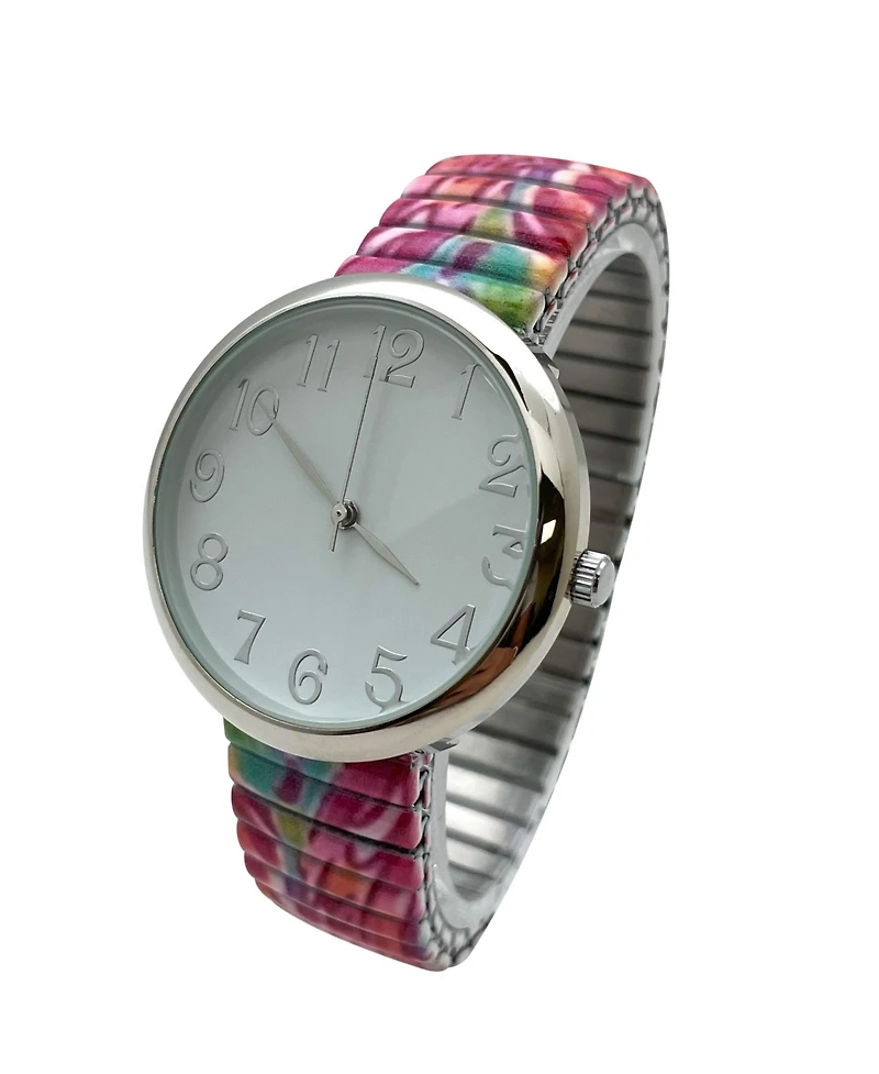 Olivia Pratt Mix Pink Big Dial Easy Reader Watch Printed Elastic Stretch Band Wristwatch Women Watch