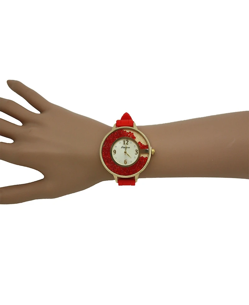 Red Floating Colorful Stones Silicone Strap Watch