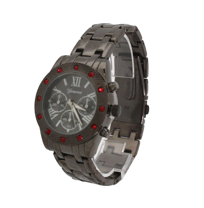 Olivia Pratt Gunmetal Women's Red Rhinestone Detail Boyfriend Metal Watch