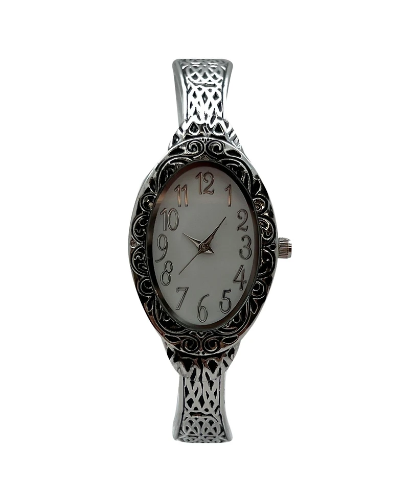 Olivia Pratt Silver Oval Face Elegant Textured Bangle Women Watch
