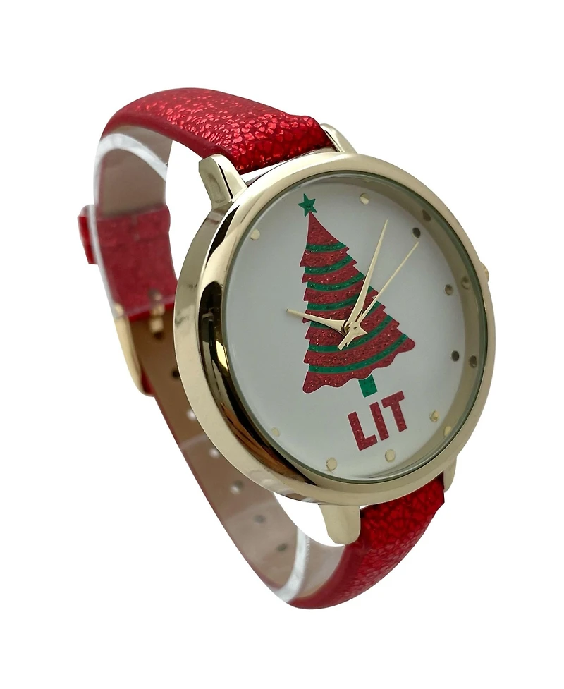 Olivia Pratt Shiny Red Faux Leather Christmas Themed Women Watches