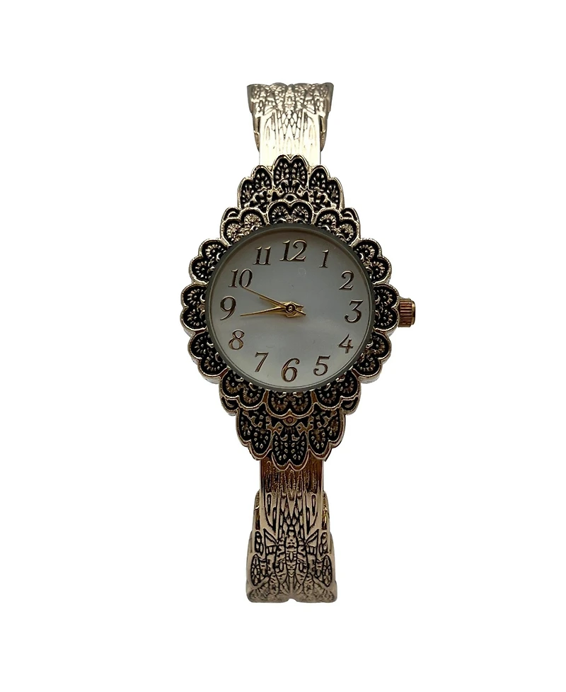 Olivia Pratt Gold Elegant Flower Detailed Face Bangle Women Watch