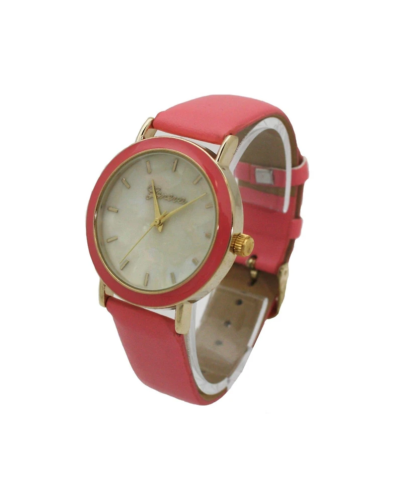 Olivia Pratt Bubble Pink Colored Case Pearl Dial Leather Strap Watch